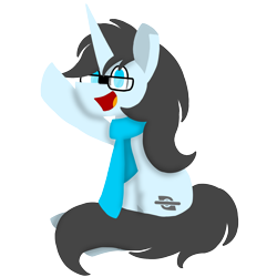 Size: 1920x1920 | Tagged: safe, artist:itzf1ker1, derpibooru import, oc, oc only, oc:fiker, pony, unicorn, 2023 community collab, clothes, derpibooru community collaboration, glasses, hoof in air, horn, male, open mouth, open smile, scarf, simple background, sitting, smiling, solo, stallion, transparent background, unicorn oc