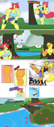 Size: 1298x3072 | Tagged: safe, artist:matchstickman, derpibooru import, apple bloom, applejack, anthro, earth pony, plantigrade anthro, abs, apple, apple bloom's bow, apple bloomed, apple brawn, apple sisters, apple tree, applebucking, applebucking thighs, applejacked, applerack, biceps, bow, breasts, clothes, comic, deltoids, dialogue, duo, female, fingerless gloves, gloves, hair bow, lake, mare, matchstickman's apple brawn series, muscles, muscular female, older, older apple bloom, onomatopoeia, shorts, siblings, sisters, speech bubble, splash, sweet apple acres, thighs, thunder thighs, tree, tumblr comic, tumblr:where the apple blossoms, water