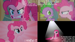 Size: 4400x2475 | Tagged: safe, derpibooru import, edit, edited screencap, editor:quoterific, screencap, pinkie pie, spike, dragon, earth pony, pony, party of one, duo, pinkamena diane pie