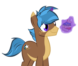 Size: 2556x2160 | Tagged: source needed, safe, derpibooru import, oc, pony, unicorn, coat markings, cupcake, food, glowing, glowing horn, horn, magic, magic aura, male, simple background, solo, stallion, telekinesis, transparent background, unicorn oc