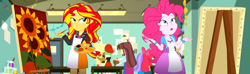 Size: 3672x1080 | Tagged: safe, derpibooru import, edit, edited screencap, screencap, apple bloom, aqua blossom, pinkie pie, sunset shimmer, velvet sky, watermelody, wiz kid, eqg summertime shorts, equestria girls, the art of friendship, apron, beret, boots, bowtie, bust, clothes, composite screencap, craft, easel, flower, hat, jacket, leather, leather jacket, paint, paintbrush, painting, sculpture, shoes, skirt, sunflower, sunset's painting