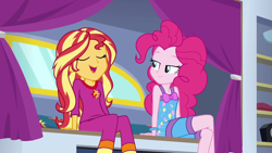 Size: 1920x1080 | Tagged: safe, derpibooru import, screencap, pinkie pie, sunset shimmer, better together, equestria girls, sunset's backstage pass!, bare shoulders, clothes, pajamas, sleeveless