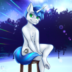 Size: 2000x2000 | Tagged: safe, artist:okidouchie, derpibooru import, oc, oc:shifting gear, anthro, unicorn, horn, nudity, sitting, sky, solo, tree, unicorn oc