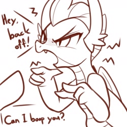 Size: 2400x2400 | Tagged: safe, artist:maren, derpibooru import, smolder, dragon, pony, 2019, angry, boop, dialogue, doodle, female, monochrome, offscreen character, old art, open mouth, smoldere, tsundere