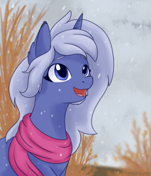 Size: 775x900 | Tagged: safe, artist:maravor, derpibooru import, oc, oc only, pony, unicorn, clothes, female, horn, open mouth, scarf, snow, snowfall, solo, unicorn oc