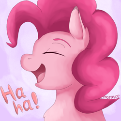 Size: 600x600 | Tagged: safe, artist:maravor, derpibooru import, pinkie pie, earth pony, pony, dialogue, eyes closed, female, laughing, solo