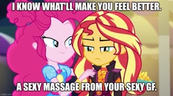 Size: 893x499 | Tagged: safe, derpibooru import, edit, edited screencap, screencap, pinkie pie, sunset shimmer, better together, equestria girls, sunset's backstage pass!, caption, female, image macro, lesbian, shipping, sunsetpie, text