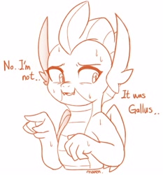 Size: 3157x3393 | Tagged: safe, artist:maren, derpibooru import, smolder, dragon, 2020, blatant lies, bust, dialogue, doodle, embarrassed, female, high res, monochrome, old art, pointing, simple background, solo, sweat, white background