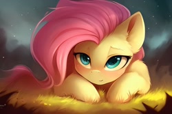 Size: 2560x1706 | Tagged: safe, derpibooru import, editor:mr-bat, generator:stable diffusion, machine learning generated, fluttershy, pegasus, pony, abstract background, blushing, cute, ear fluff, ears, female, front view, grass, leg fluff, looking at you, lying down, mare, prone, shyabetes, smiling, smiling at you, solo, stars