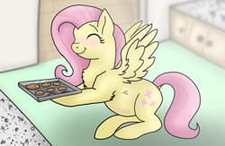 Size: 1401x916 | Tagged: safe, artist:frostedsketch13, derpibooru import, fluttershy, pegasus, pony, baking, baking sheet, blushing, chest fluff, cookie, cute, eyes closed, female, food, happy, kitchen, preggoshy, pregnant, sensibly-proportioned pregnancy, shyabetes, smiling, solo, spread wings, wings