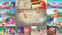 Size: 1280x721 | Tagged: safe, derpibooru import, editor:quoterific, pinkie pie, sci-twi, sunset shimmer, twilight sparkle, better together, equestria girls, x marks the spot, clothes, crying, decoder ring, female, fire, swimsuit, tears of pain