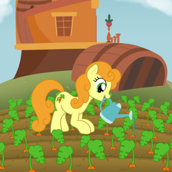 Size: 2000x2000 | Tagged: safe, artist:nitei, derpibooru import, carrot top, golden harvest, earth pony, pony, atg 2022, barrel, carrot, crouching, dirt, farm, female, field, food, happy, high res, house, mare, mouth hold, newbie artist training grounds, open mouth, open smile, show accurate, smiling, solo, watering, watering can