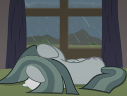 Size: 2000x1500 | Tagged: safe, artist:nitei, derpibooru import, marble pie, earth pony, pony, atg 2022, back, curled up, curtains, depressed, ears, female, floppy ears, indoors, looking out the window, lying down, mare, newbie artist training grounds, on side, pillow, rain, rock farm, sad, show accurate, solo, window