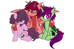 Size: 3000x2000 | Tagged: safe, artist:mxmx fw, derpibooru import, oc, oc only, oc:flare blaze, oc:midnight ray, oc:stripe, bat pony, dracony, dragon, hybrid, pegasus, pony, unicorn, 2023 community collab, bat pony unicorn, bat wings, claws, curly hair, derpibooru community collaboration, disguise, disguised siren, emo, female, horn, horns, looking at you, male, show accurate, simple background, sitting, smiling, smiling at you, transparent background, wings
