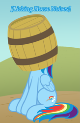 Size: 1301x2000 | Tagged: safe, artist:nitei, derpibooru import, rainbow dash, pegasus, pony, atg 2022, barrel, cider, cider dash, descriptive noise, female, horse noises, licking, mare, newbie artist training grounds, on head, show accurate, silly, silly pony, sitting, solo, that pony sure does love cider, tongue, tongue out