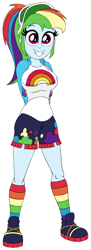 Size: 700x1920 | Tagged: safe, artist:roseluck, derpibooru exclusive, derpibooru import, rainbow dash, human, equestria girls, alternate hairstyle, arm behind back, big breasts, breasts, cap, clothes, colored sketch, female, full body, grin, hat, jacket, kneesocks, looking at you, music festival outfit, open mouth, open smile, ponytail, rainboob dash, rainbow socks, shirt, shoes, shorts, simple background, smiling, smiling at you, sneakers, socks, solo, standing, striped socks, t-shirt, three quarter view, visor, visor cap, white background