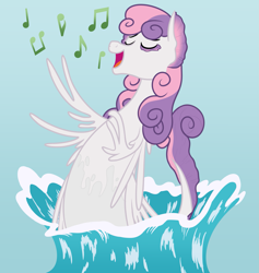 Size: 1775x1875 | Tagged: safe, artist:nitei, derpibooru import, sweetie belle, kelpie, eyes closed, female, kelpiefied, music notes, open mouth, open smile, show accurate, singing, smiling, solo, species swap, splash, water