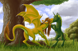 Size: 1000x650 | Tagged: safe, artist:adeptus-monitus, derpibooru import, edit, oc, oc only, dragon, pony, unicorn, blushing, butt, dragon oc, duo, forest, grass, horn, kissing, non-pony oc, plot, tree, unicorn oc