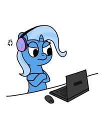 Size: 624x749 | Tagged: safe, artist:beepbeep, derpibooru import, trixie, pony, unicorn, computer, cross-popping veins, emanata, female, headphones, laptop computer, mare, simple background, solo, white background