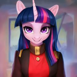 Size: 1080x1080 | Tagged: safe, derpibooru import, generator:purplesmart.ai, generator:stable diffusion, machine learning generated, twilight sparkle, anthro, clothes, looking at you, smiling, smiling at you, solo