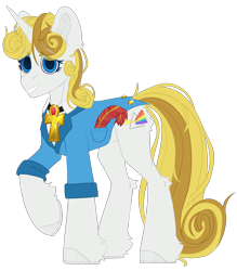 Size: 2194x2500 | Tagged: safe, artist:medkit, derpibooru import, oc, oc only, oc:guiding light, pony, unicorn, 2023 community collab, ankh, big eyes, blue eyes, clothes, curly hair, derpibooru community collaboration, ear fluff, ears, eyes open, feather, female, fluffy, gem, gold, happy, high res, horn, horseshoes, jacket, jewelry, light dispersion, long tail, looking at you, mare, paint tool sai 2, pendant, pocket, rainbow, raised hoof, raised leg, rolled up sleeves, ruby, shirt, short mane, simple background, sketch, smiling, solo, standing, tail, teeth, transparent background, unicorn oc