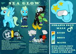 Size: 5555x4000 | Tagged: safe, artist:akififi, derpibooru import, oc, oc:sea glow, pegasus, pony, air tank, cutie mark, dive gear, dive mask, drysuit, flippers (gear), goggles, logo, logo parody, reference sheet, scuba gear, wetsuit