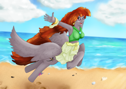 Size: 4960x3508 | Tagged: safe, artist:avacz, derpibooru import, oc, oc only, oc:funny jo, anthro, centaur, taur, equestria girls, beach, bracelet, centaur oc, clothes, cloud, cloudy, cute, female, flowing hair, flowing mane, happy, heterochromia, jewelry, jumping, mare, ocean, scar, skirt, smiling, solo, spread wings, swimsuit, water, wings