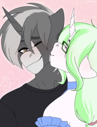 Size: 2498x3269 | Tagged: safe, artist:enderbee, derpibooru import, oc, anthro, pony, unicorn, blushing, colored, commission, couple, flat colors, glasses, kiss on the cheek, kissing, love, multicolored hair, oc x oc, shipping, simple background, smiling, ych result