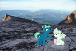 Size: 1598x1080 | Tagged: safe, derpibooru import, sky stinger, vapor trail, pegasus, pony, duo, female, irl, malaysia, male, mare, mount kinabalu, mountain, photo, ponies in real life, sabah, shipping, stallion, straight, vaporsky