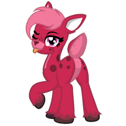 Size: 1200x1200 | Tagged: safe, artist:antonsfms, derpibooru import, oc, oc only, oc:rosaline the deer, deer, deer pony, original species, pony, 2023 community collab, butt, deer oc, derpibooru community collaboration, doe, female, looking at you, non-pony oc, one eye closed, plot, raised hoof, raised leg, simple background, solo, tongue, tongue out, transparent background