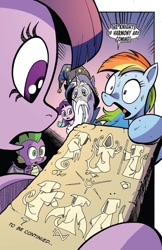 Size: 750x1155 | Tagged: safe, artist:andypriceart, derpibooru import, idw, rainbow dash, spike, star swirl the bearded, starlight glimmer, twilight sparkle, twilight sparkle (alicorn), alicorn, dragon, pegasus, pony, unicorn, g4, spoiler:comic, spoiler:comic100, baby, baby dragon, dialogue, duo focus, female, knights of harmony, male, mare, season 10, speech bubble, stallion, winged spike, wings