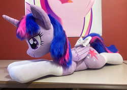 Size: 2362x1668 | Tagged: safe, artist:qtpony, derpibooru import, twilight sparkle, twilight sparkle (alicorn), alicorn, pony, bow, clothes, heart, heart eyes, irl, lying down, photo, plushie, prone, socks, solo, sploot, tail, tail bow, wingding eyes