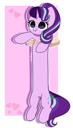 Size: 2406x4200 | Tagged: safe, artist:kittyrosie, derpibooru import, starlight glimmer, human, pony, unicorn, blushing, cute, duo, female, glimmerbetes, heart, high res, holding a pony, long glimmer, long pony, longcat, mare, offscreen character, signature, smiling, solo focus