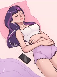 Size: 3066x4096 | Tagged: safe, artist:xqv33n13, derpibooru import, twilight sparkle, human, bare shoulders, cellphone, clothes, earbuds, eyes closed, female, humanized, jewelry, lying down, phone, pillow, ring, shorts, sleeveless, smartphone, solo, tanktop
