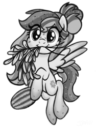 Size: 768x1024 | Tagged: safe, artist:sjart117, derpibooru import, oc, oc only, oc:watermelana, pegasus, pony, :3, female, flying, food, freckles, gradient hooves, herbs, hoof hold, looking at you, mare, monochrome, mouth hold, pegasus oc, simple background, solo, watermelon, white background
