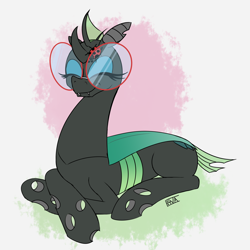 Size: 4000x4000 | Tagged: safe, artist:evan555alpha, oc, oc only, oc:yvette (evan555alpha), changeling, ladybug, evan's daily buggo ii, broach, catloaf, changeling oc, colored sketch, content, crossed hooves, dorsal fin, eyes closed, eyeshadow, fangs, female, glasses, happy, prone, resting, round glasses, signature, simple background, sitting, sketch, smiling, solo, white background