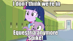 Size: 576x324 | Tagged: safe, edit, edited screencap, editor:undeadponysoldier, screencap, spike, twilight sparkle, dog, equestria girls, animated, bowtie, canterlot high, clothes, confused, duo, edited gif, female, hallway, lockers, looking at each other, male, meme, movie reference, reference, skirt, spike the dog, the wizard of oz