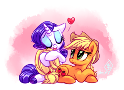 Size: 1550x1125 | Tagged: safe, artist:whitediamonds, derpibooru import, applejack, rarity, earth pony, pony, unicorn, g4, applejack's hat, blushing, clothes, cowboy hat, duo, duo female, eyebrows, eyebrows visible through hair, eyes closed, female, floating heart, freckles, frown, hat, heart, horn, hug, lesbian, looking at someone, lying down, mare, open mouth, open smile, prone, rarijack, rarijack daily, shipping, signature, smiling, snuggling, tail, tail hug