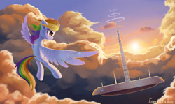 Size: 3700x2200 | Tagged: safe, artist:emeraldgalaxy, derpibooru import, rainbow dash, pegasus, pony, fallout equestria, g4, cloud, fanfic, fanfic art, female, flying, high res, hooves, mare, ministry mares, signature, single pegasus project, sky, solo, spread wings, wings