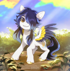 Size: 1200x1216 | Tagged: safe, artist:renciel, derpibooru import, oc, oc only, pegasus, pony, full body, outdoors, smiling, solo, standing, unshorn fetlocks, wings