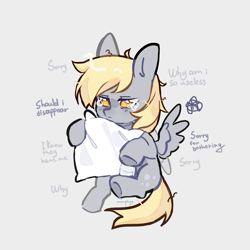 Size: 3000x3000 | Tagged: safe, artist:monphys, derpibooru import, derpy hooves, pegasus, pony, apologetic, apology, crying, female, frown, hug, mare, messy mane, messy tail, pillow, pillow hug, self deprecation, simple background, solo, tail, teary eyes, text, vent art, white background