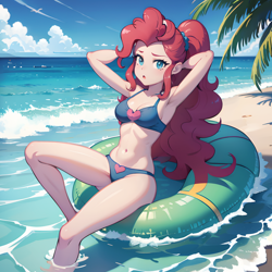 Size: 1536x1536 | Tagged: safe, ai content, derpibooru import, machine learning assisted, machine learning generated, pinkie pie, equestria girls, arm behind head, beach, belly button, bikini, blue bikini, blue swimsuit, breasts, cleavage, clothes, midriff, open mouth, outdoors, sitting, swimsuit, water