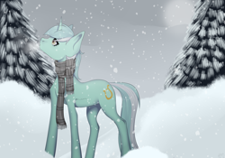 Size: 2000x1400 | Tagged: safe, artist:dari-lix, derpibooru import, lyra heartstrings, pony, unicorn, breath, clothes, female, mare, pine tree, scarf, snow, snowfall, solo, striped scarf, tree