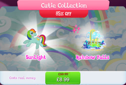 Size: 1271x864 | Tagged: safe, derpibooru import, idw, sunlight (g1), earth pony, pony, g1, g4, bow, bundle, cloud, costs real money, english, female, gameloft, idw showified, mare, mobile game, my little pony: magic princess, numbers, official, rainbow waterfall, sale, solo, tail, tail bow, text