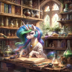 Size: 2048x2048 | Tagged: safe, ai content, derpibooru import, generator:stable diffusion, machine learning generated, princess celestia, alicorn, pony, alchemy, book, bookshelf, clothes, crown, female, high res, jewelry, looking at you, mare, peytral, potion, prompter:mr-bat, regalia, signature, smiling, smiling at you, wingless