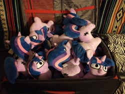 Size: 4096x3072 | Tagged: safe, artist:jargon scott, derpibooru import, twilight sparkle, unicorn twilight, pony, unicorn, female, filly, filly twilight sparkle, foal, irl, multeity, photo, plushie, sparkle sparkle sparkle, squatpony, suitcase, twiggie, younger