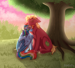 Size: 2354x2135 | Tagged: safe, artist:artistcoolpony, derpibooru import, big macintosh, rainbow dash, earth pony, pegasus, pony, :t, blushing, chest fluff, commission, ear blush, ears, eyes closed, female, floppy ears, high res, male, mare, missing accessory, neck nuzzle, rainbowmac, shipping, signature, sitting, stallion, straight, tree, tsunderainbow, tsundere