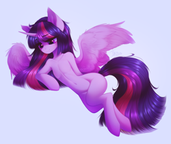 Size: 2648x2228 | Tagged: safe, artist:shenki, derpibooru import, twilight sparkle, twilight sparkle (alicorn), alicorn, semi-anthro, g4, belly, belly button, collarbone, eyebrows, eyebrows visible through hair, female, high res, horn, human shoulders, light blue background, mare, missing cutie mark, ribcage, signature, simple background, smiling, solo, spread wings, wings