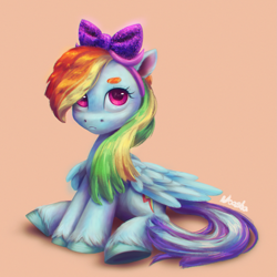 Size: 2105x2105 | Tagged: safe, artist:noashank, derpibooru import, rainbow dash, pegasus, pony, bow, female, high res, mare, sitting, solo