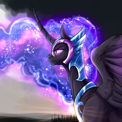 Size: 2024x2024 | Tagged: safe, artist:not-ordinary-pony, derpibooru exclusive, derpibooru import, twilight sparkle, alicorn, pony, armor, crepuscular rays, curved horn, ethereal mane, galaxy mane, glowing, glowing eyes, glowing mane, horn, nightmare twilight, nightmarified, solo, sternocleidomastoid, sunset